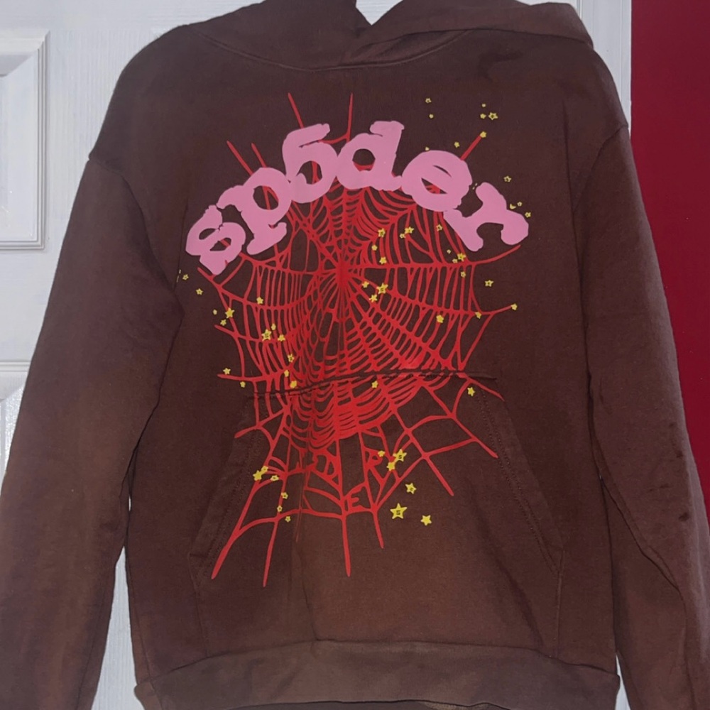 Sp5der Brown Hoodie with Red and Pink Web Design